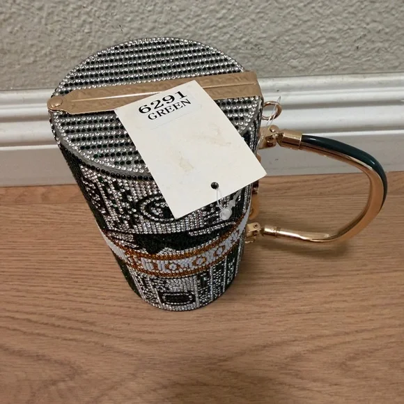 Gold & Silver Money Print Clutch Bag Top Handle Novelty Evening Purse - Picture 6 of 6